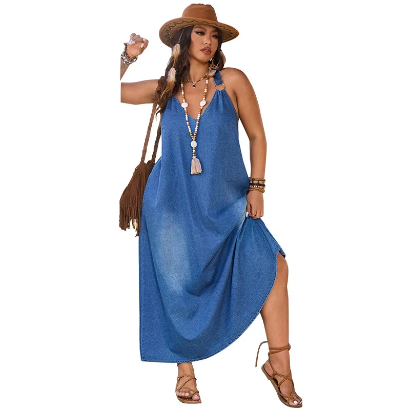 Plus size vrouw denim jurk 2025, zomer hete verkoop v-hals mouwloze casual jurken gewassen sexy dagelijkse kleding