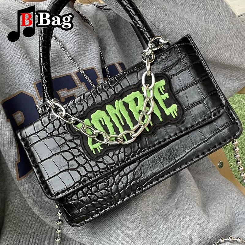 Y2K Punk Embroidered Bag Women Girls Gothic Crocodile print PU Leather Shoulder Bags Handbag Female Hip hop trend messenger bag