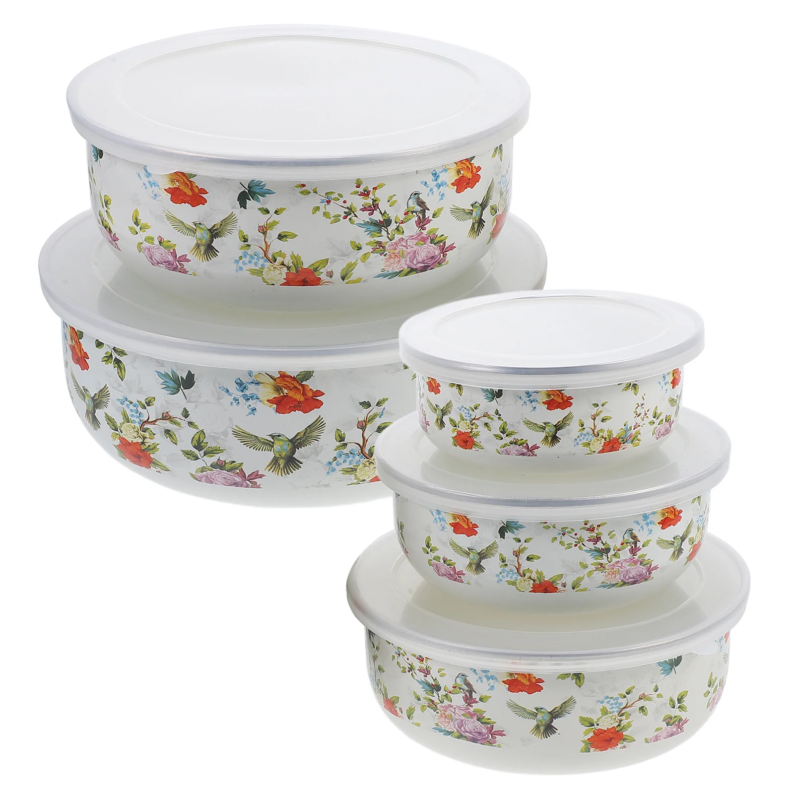 Juego de 5 piezas de cuencos de fideos con tapa, soporte para sopa de anidación de esmalte de cocina, ensalada de mezcla, bebé fresco
