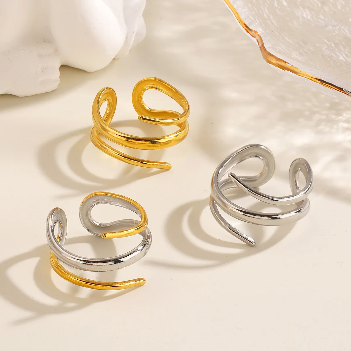 Stainless Steel Line Ring Neutral Geometric Multi Layer Interleaved Stackable Open Ring Artistic Fashion Waterproof Jewelry Gift
