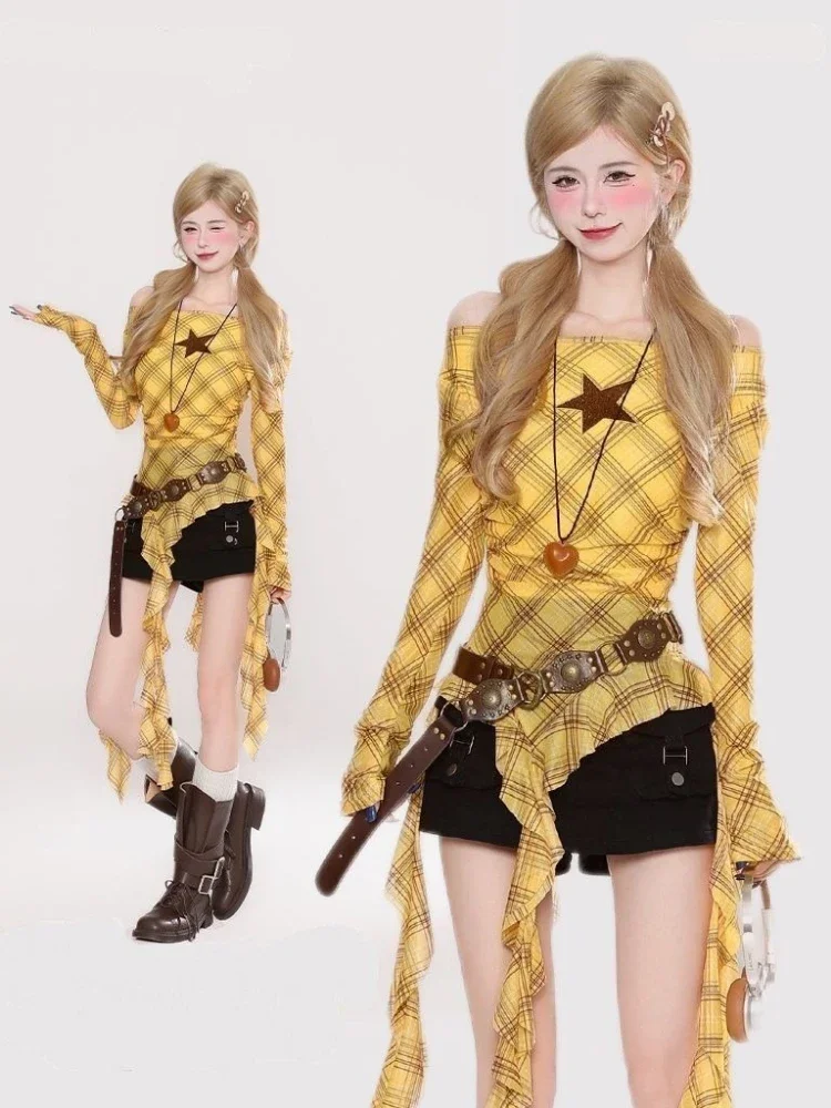Y2K Plaid Slash Neck Vintage T-Shirt for Women, Grunge Ruffled Bodycon Top, Sexy Fairy Aesthetic