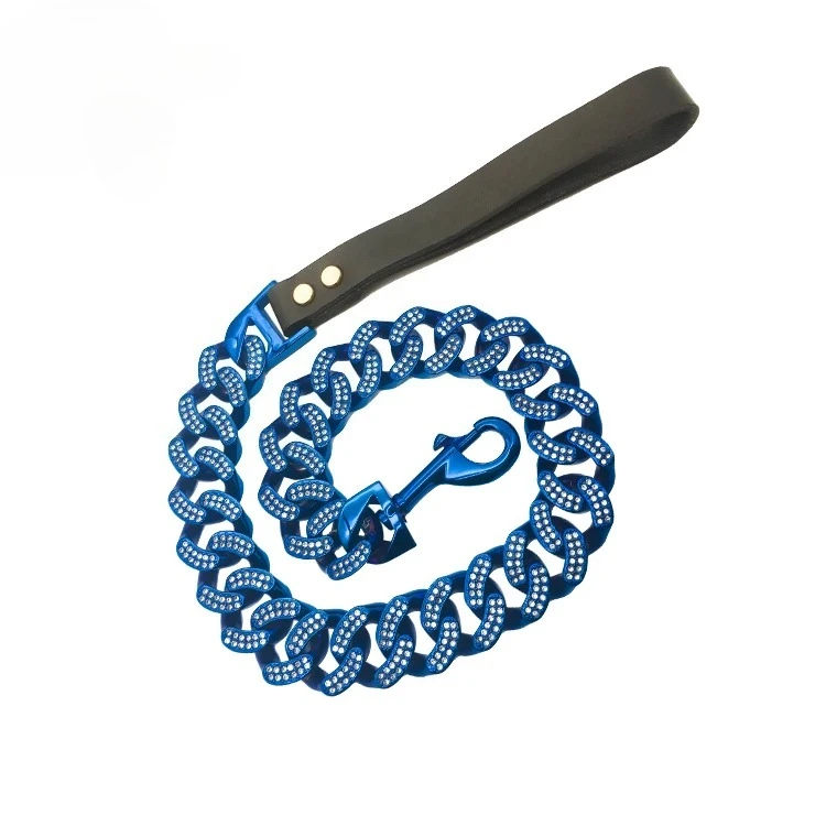 Manufacturer Custom Stainless Steel Chains With Blue Diamond Cuban Chain Blue Metal Dog Collar Leash