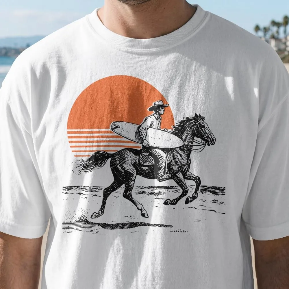 Surfing Cowboy T Shirt Retro Sunset Beach Print Western Horse Surfboard Graphic Casual Short Sleeve Cotton Tee for Men Clothing