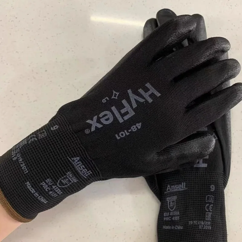 Ansell HyFlex 48-101 (12 pares) Sensilite®Guantes negros de nailon PU con revestimiento de Palma, resistentes al aceite y al desgaste, operación precisa