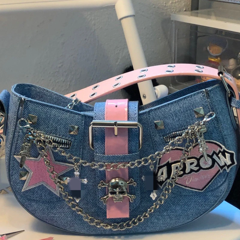 Fashion Gothic Vintage Denim Star Women Handbags Personality Punk Skull Chain Crossbody Bag Y2k Aesthetic Harajuku Shoulder Bags