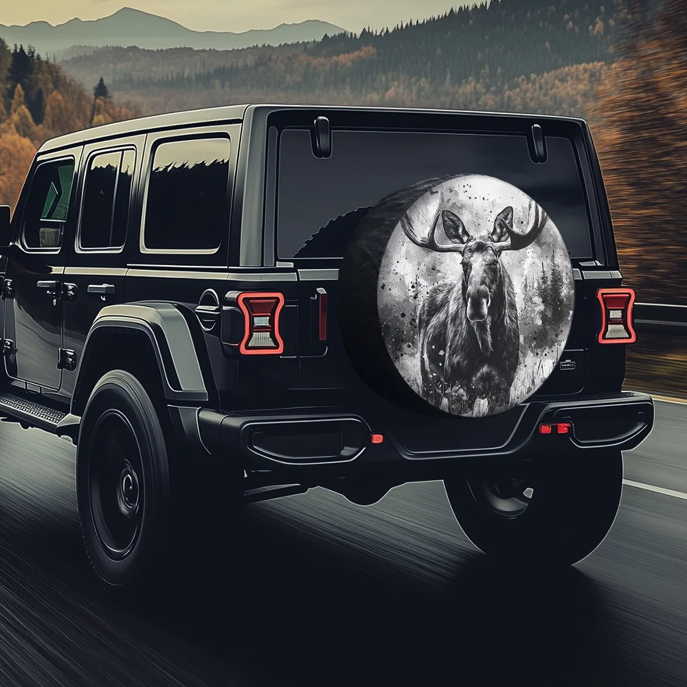Ink-painted Moose Pattern Tire Cover, Compatible With Crossover SUVs/vintage Sports Cars/art Cars, Dark Realistic Style, Full Au