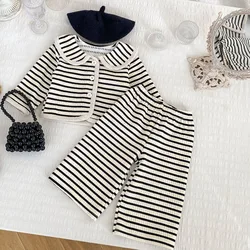 2025 New Spring 0-5Yrs Children Clothes Suit Long Sleeved Cotton Striped Cardigan+Pants Toddler Baby Girls Sports Clothes Set