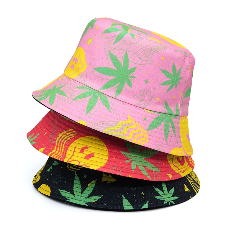 2024 Spring/Summer Death\'s Head Print Hat Reversible Cartoon Print Sun-proof Bucket Hat Big Brim Unisex Outdoor Fisherman Cap