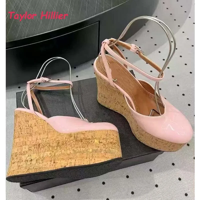 

Patent Leather Cork Wedge Platform Sandals Women Chic Round Toe Ankle Buckle Strap Ladies Classy Summer Casual Heels