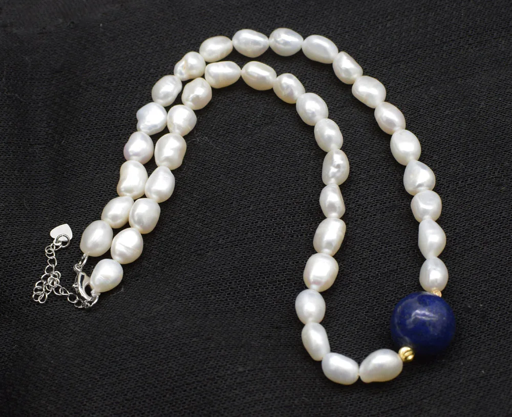 freshwater pearl white baroque and lapis round 16mm necklace 17inch FPPJ wholesale beads nature