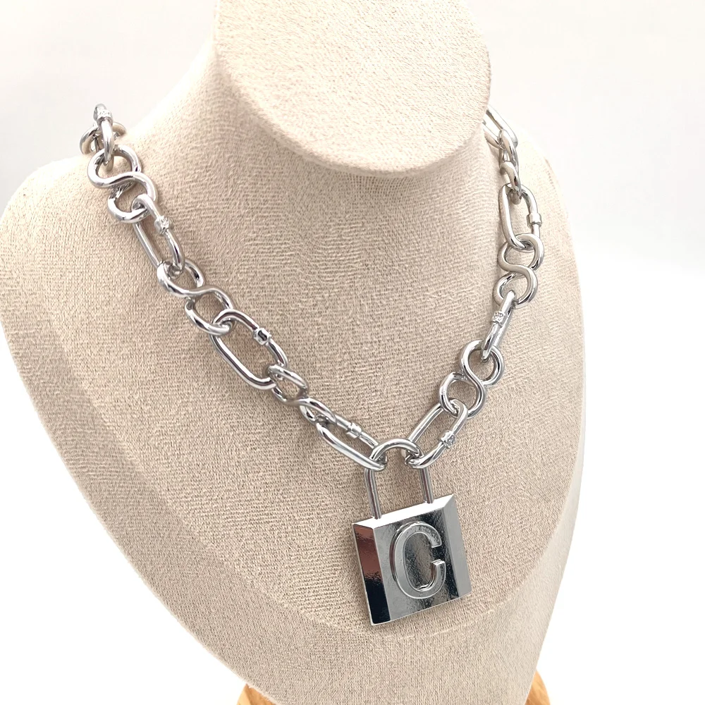 1pcs Fashion Bright Silver Colour Punk Exaggerated Thick Chain 26 Letter Lock Necklace Bracelet For Women Man Party Jewelry