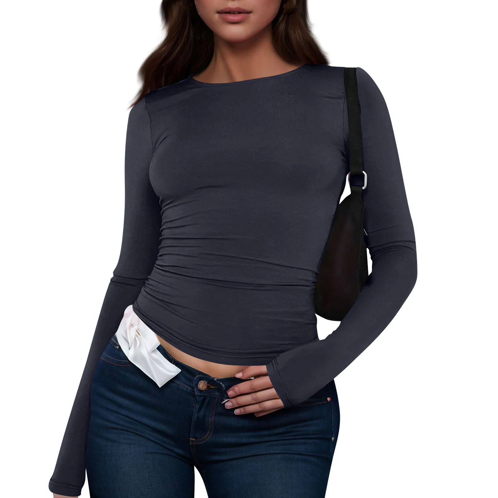 Women's Fashion Long Sleeve T-Shirt 2025 Casual Minimalist Style Solid Color round Neck Top Skinny Fit Daily Wear