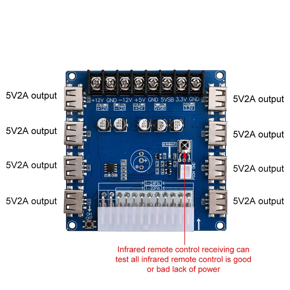 ATX Power Adapter Board com ou sem Case, 5V, 2A, 8 USB Charging Desktop, Função de Detecção Infravermelha, 20 Pin, 24 Pin