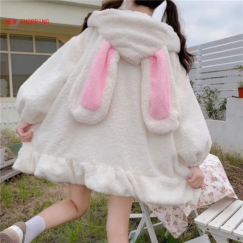 Abrigos con capucha con Orejas de conejo Kawaii, chaqueta cálida para chica coreana japonesa para mujer, Parkas con volantes de lana de cordero