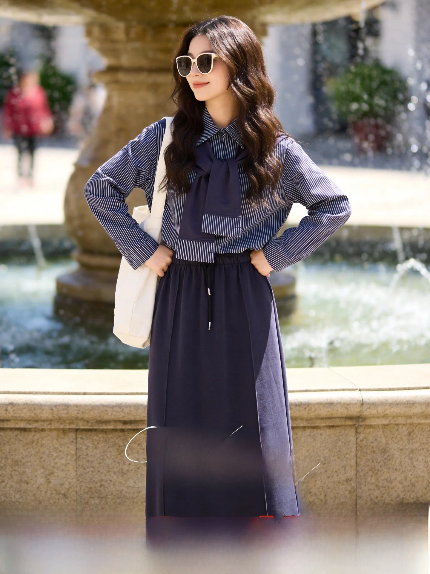 

Slimming Effect Three-Piece Set Summer New Style Vintage Stripes Shirt Shoulder Wrap Skirt Casual High Waist A-Line Skirt