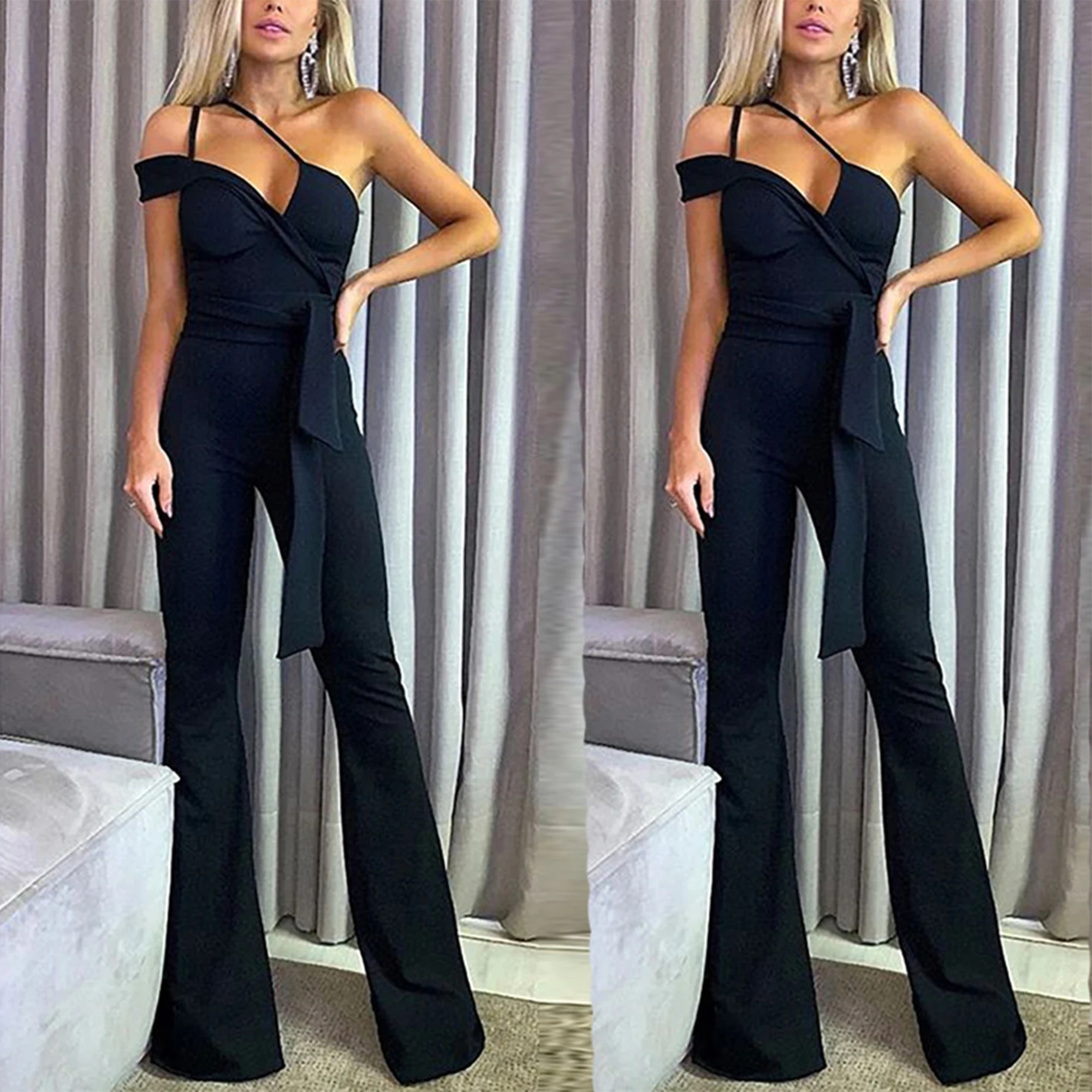 Women's jumpsuits, solid color slanted collar, off-the-shoulder straight pants, sexy sleeveless baggy pants, elegant and glamoro