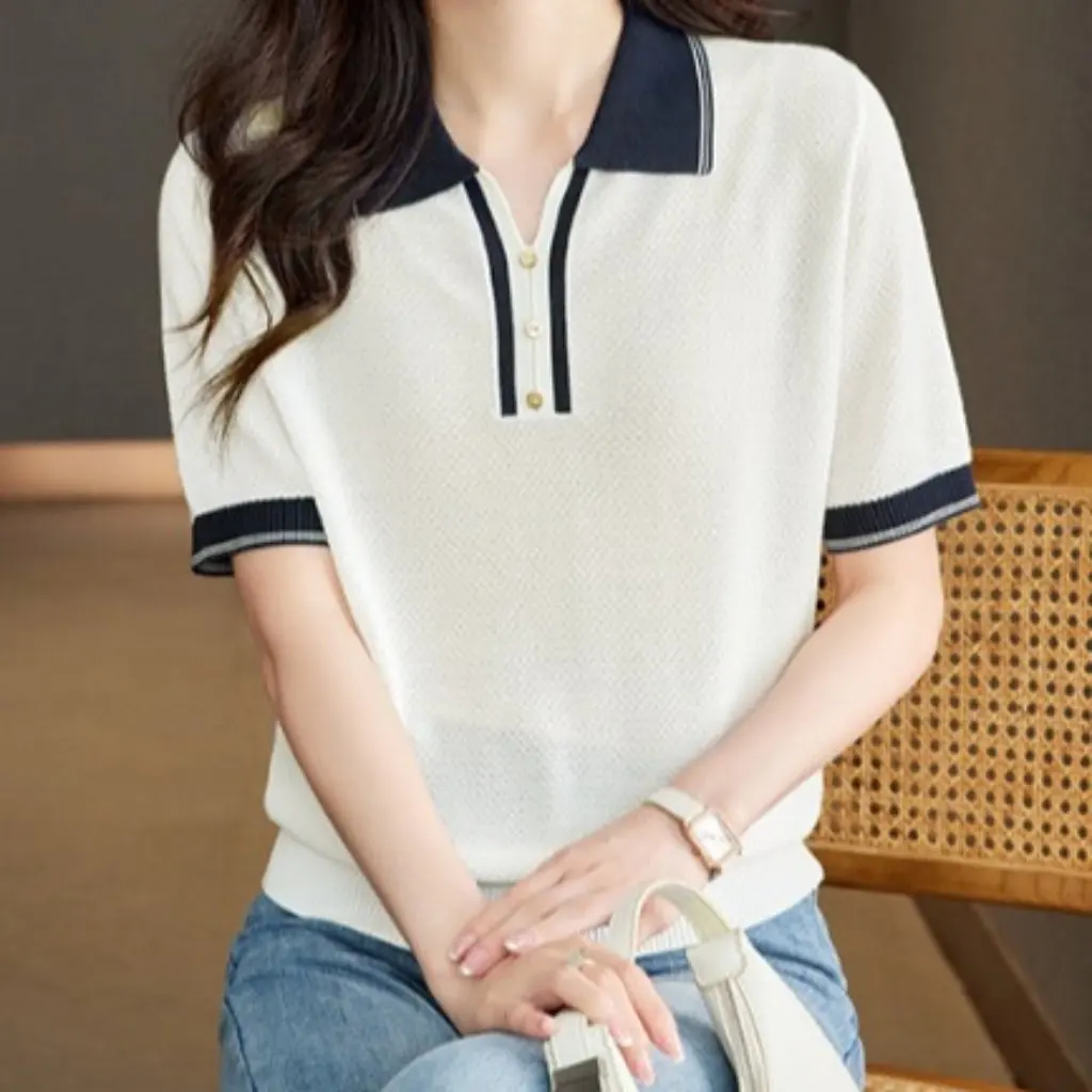 

Women's Summer Ice Silk Short-Sleeved T-shirt Contrast Polo Collar Mid-Sleeved Thin Sweater New