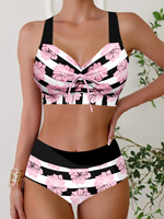 Summer Fashion Comfortable Vacation Swimsuit Women's Seaside Bikini Pink Flower Printed Swimsuit Two Piece S-6XL
