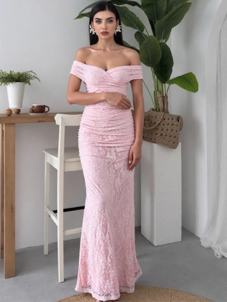 Maxivestidos de noche elegantes y elegantes de encaje para mujer, vestidos formales de noche con hombros descubiertos y sirena rosa para fiesta de graduación 2025