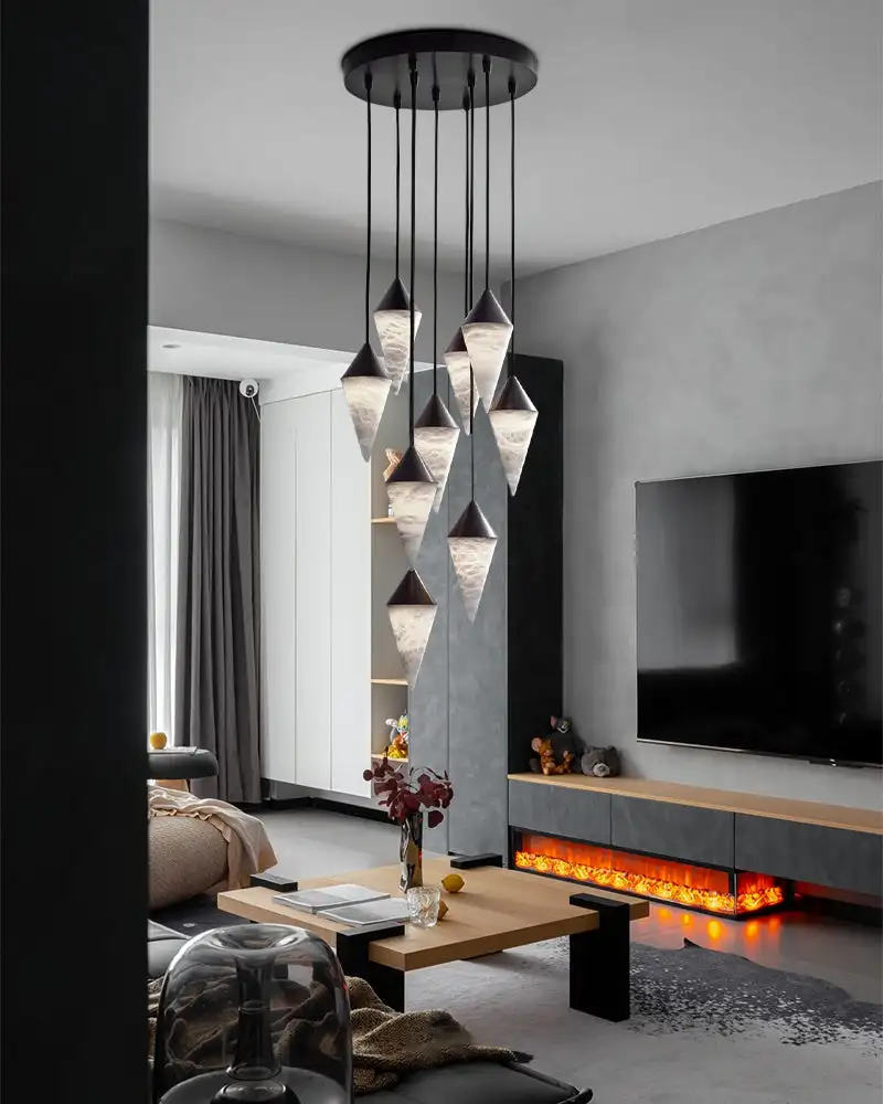BOSSEN Modern Nordic Designer Cone Marble Chandelier Brass Dimmable with Height-adjustable and Three-Color Change for Staircase