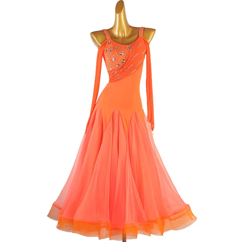 Spaghetti strap off‑shoulder drape long sleeve twisted rhinestone decorated big swing modern dance dress for ballroom competitio