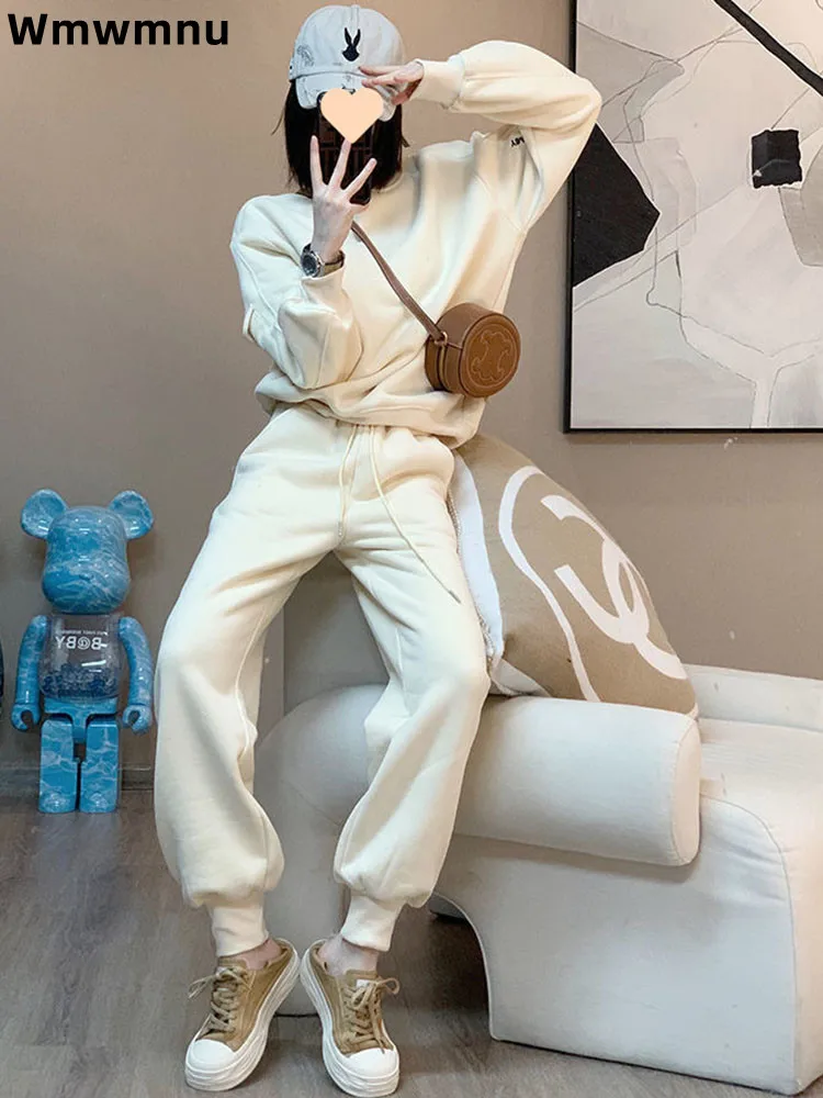 

Женская повседневная флисовая спортивная одежда, мешковатые модные брюки на шнуровке Conjuntos, свободный толстый прямой комплект из двух предметов с круглым вырезом