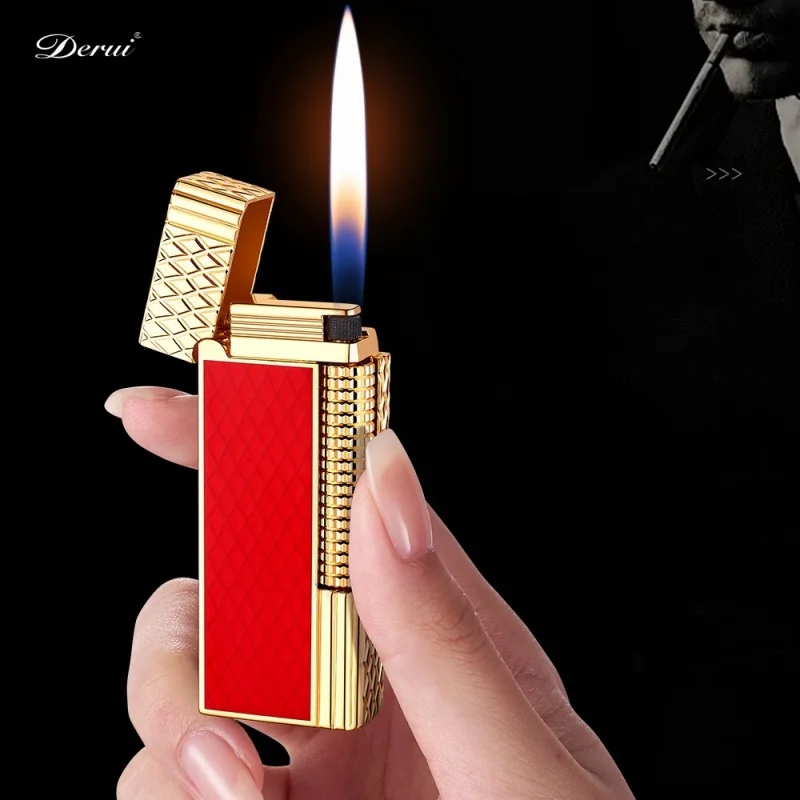 DERUI Zinc Alloy Black Resin Butane Gas Lighter Side Pulley Ignition Compact Portable Inflatable Lighters Smoking Exquisite Gift