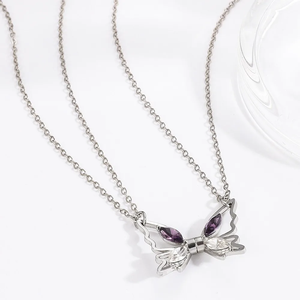 Heart Pendant Butterfly Magnetic Necklace Magnet Rhinestone Best Friend Necklace Box Chain Jewelry Butterfly Bracelet Set Gift