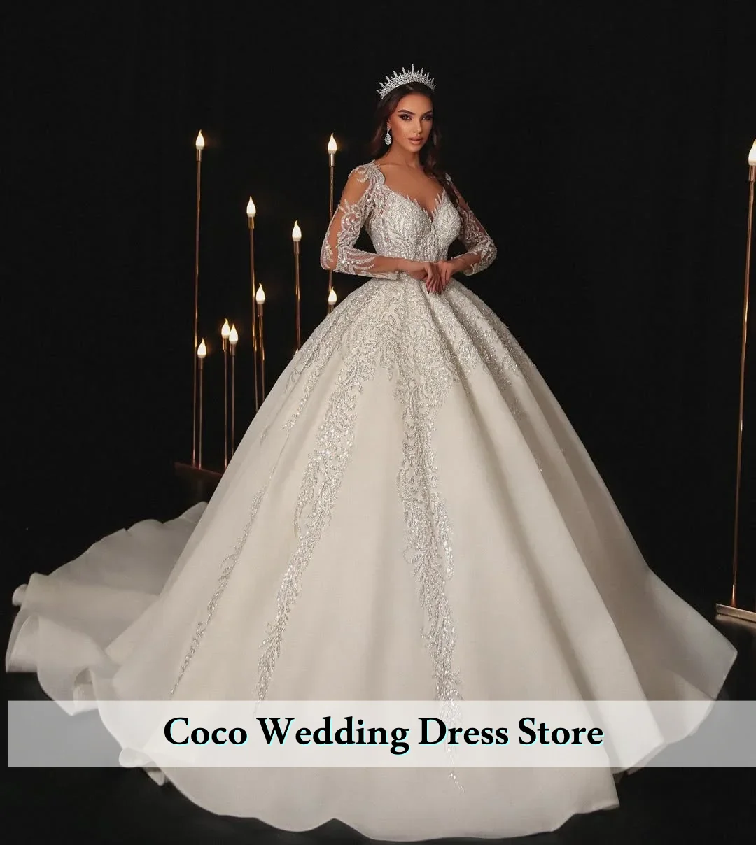 Роскошное кружевное бальное платье с вышивкой по индивидуальному заказу, свадебные платья с длинными рукавами, расшитое бисером и жемчугом, платья со шлейфом, Vestido de Noiva