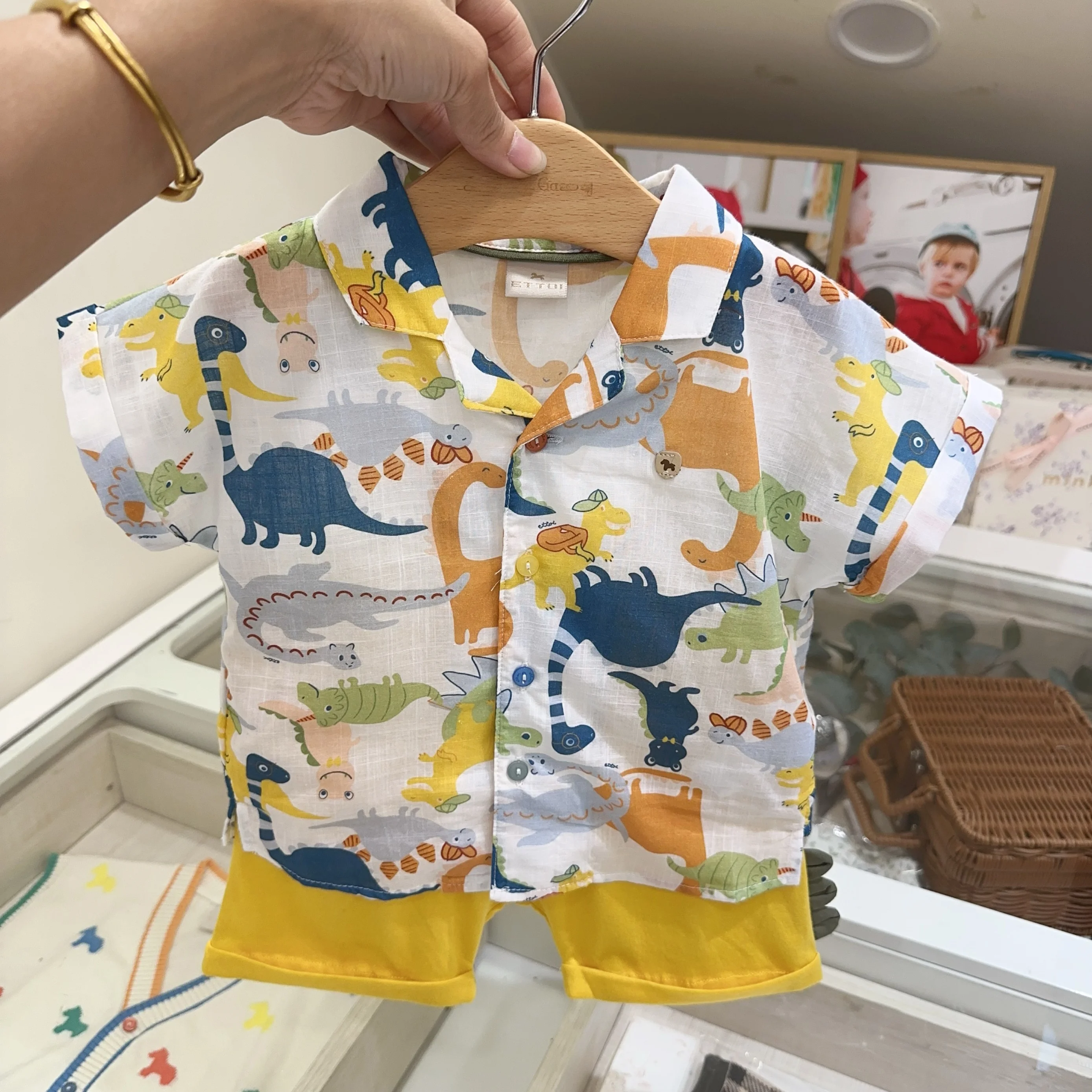 Summer Children's Soft Cotton Linen Collared Shirt And Casual Pants Dinosaur Print Boys' Outfit Korean Style Baby Clothes