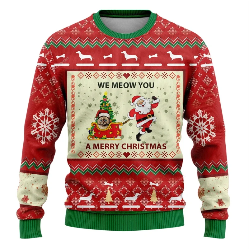 New Ugly Christmas Pullover Sweater Men Cute 3D Cat Santa Claus Printed Autumn Winter Sweatshirt Fashion Men Kids Party Tops