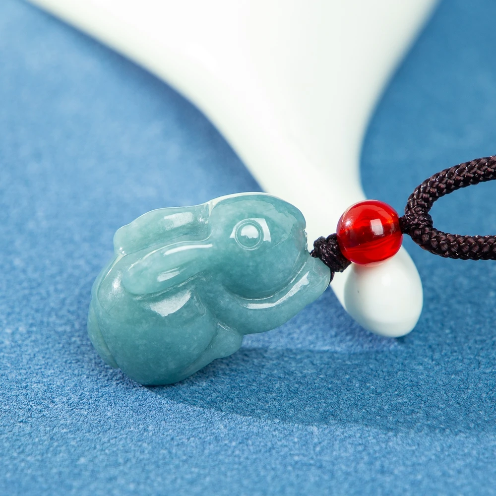 

TIMESWIND Natural A-grade Jade Blue Rabbit Three-d Pendant Cute Women Necklace with Certificate