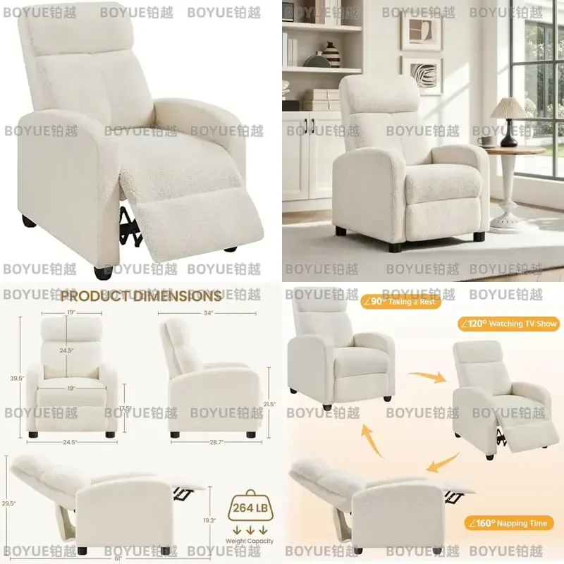 Ivory Boucle Recliner Chair with Footrest Single Sofa Armchair Adjustable Home Theater Seating Comfortable Living Room