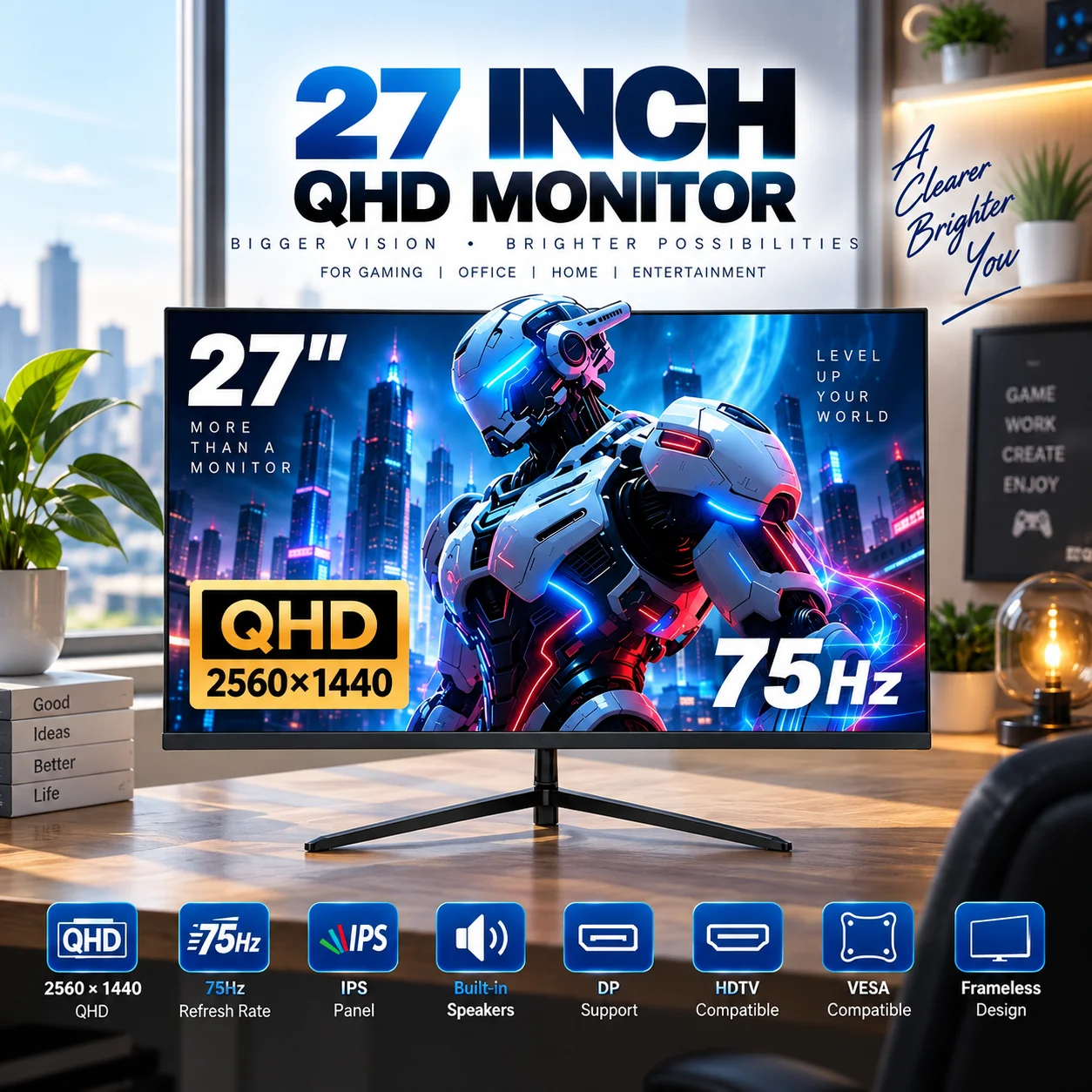 Monitor per computer Crua Gf600C da 27 pollici, con schermo QHD IPS, risoluzione 2560×1440, frequenza di aggiornamento di 75 Hz, altoparlanti integrati, connettività DisplayPort, compatibilità VESA,