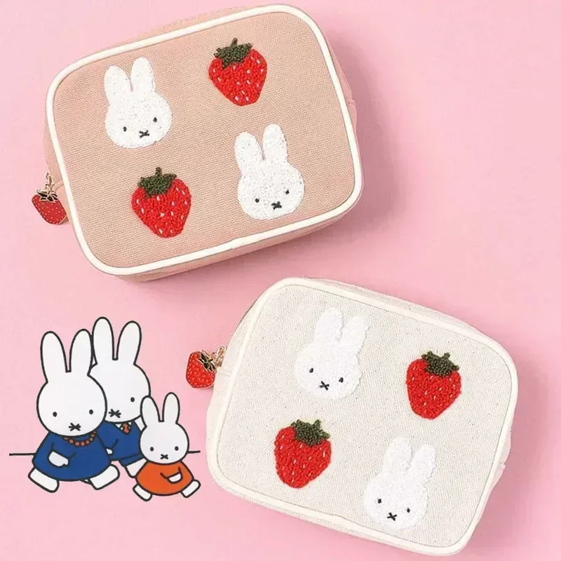 Miffy strawberry Cartoon kawaii Pink square Makeup Storage bag portable Embroidery fashion canvas Lipstick bag anime plush