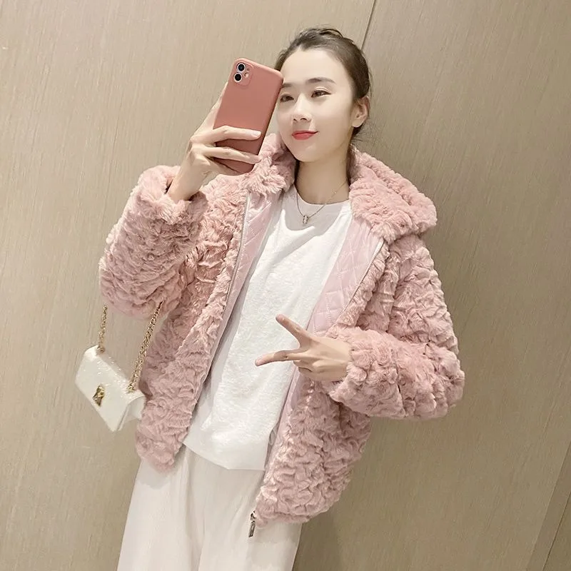 2026 New Thickened Imitation Rabbit Fur Jacket Women's Hooded Versatile Fashion Slim Mink Velvet Korean Version Short Coat