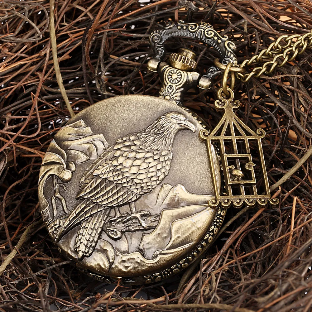 Bronzen Klif Adelaar Ketting Horloge Quartz Analoge Arabische Cijfers Wijzerplaat Vintage Pocket Klok Cadeau Full Jager Uurwerk