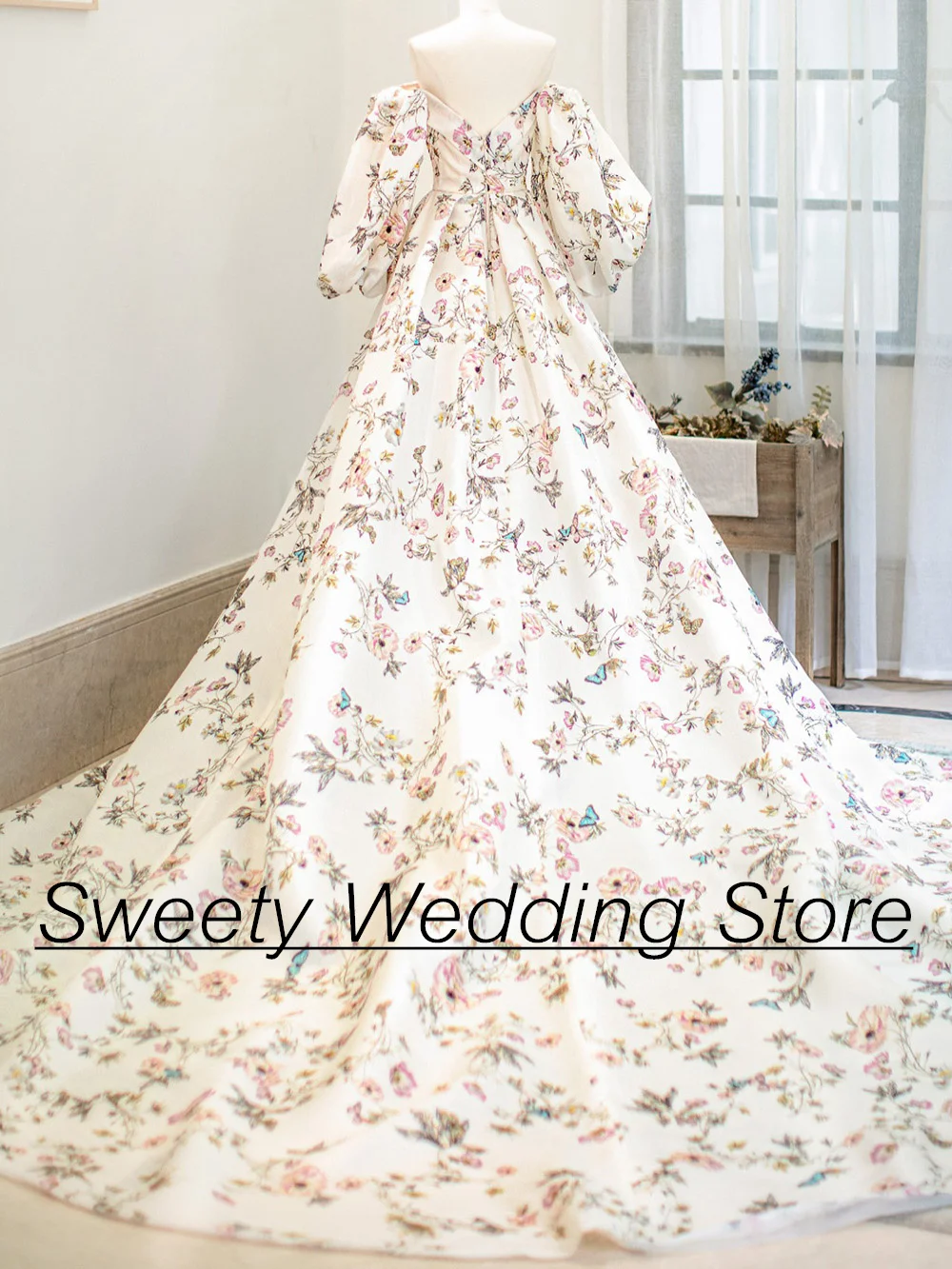 Charming Spring Floral Wedding Dress Puff Sleeves V Neck Pleat Royal Bridal Gown A Line Vestido De Noiva Women Bride Dresses