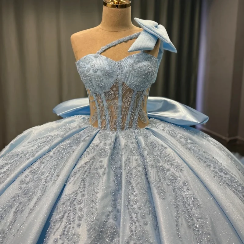 

Shiny aqua blue Quinceanera Dress Crystal Glitter Decal Lace layering Ruffle Long tail Vestidos De 15 Quinceanera ﻿Customize