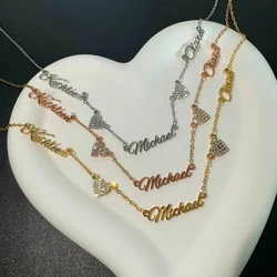 Custom Multiple Names Zircon Heart Pendant Necklace Stianless Steel Personalized Couple Kids Name Necklace Family Jewelry Gift