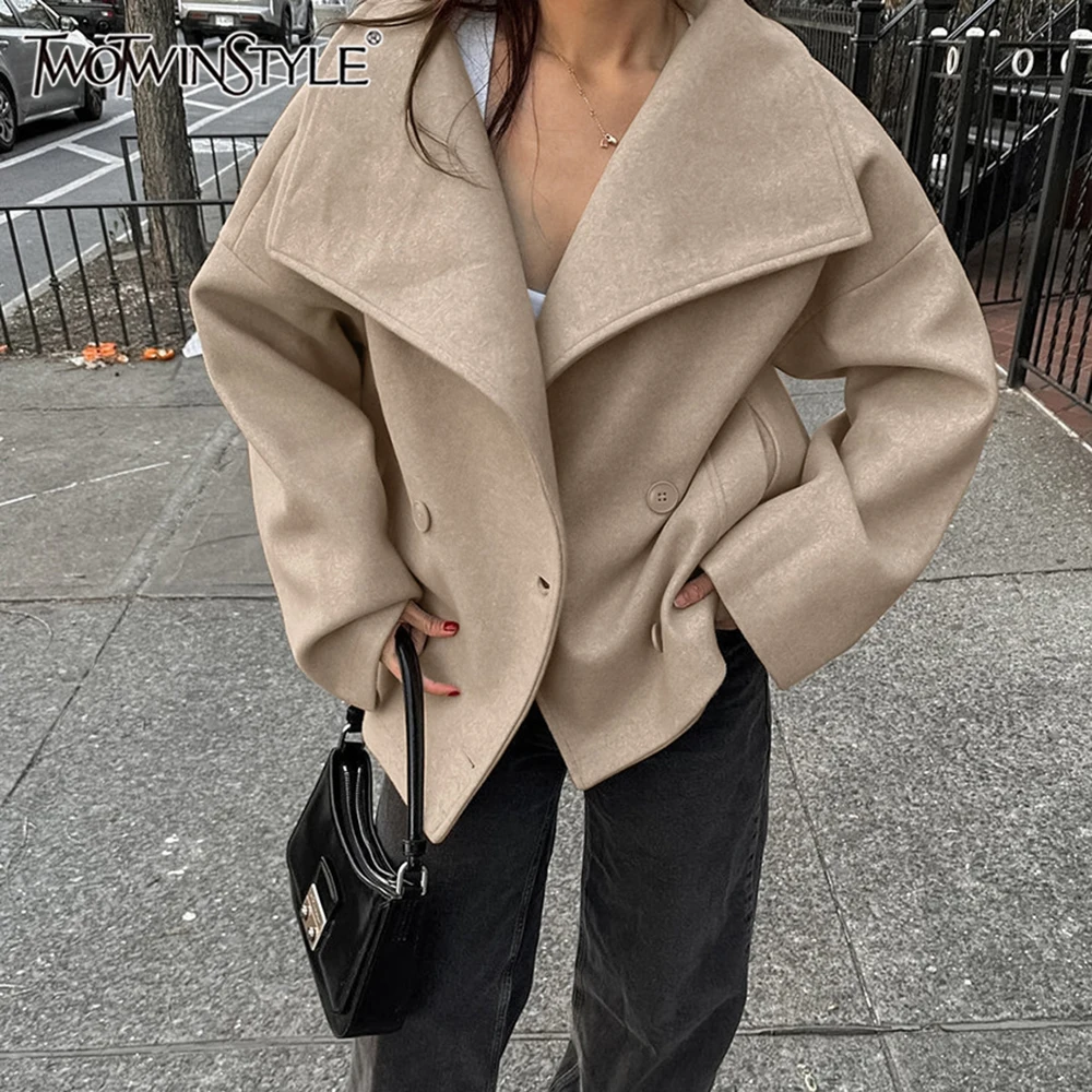 

TWOTWINSTYLE Solid Minimalist Jackets For Women Lapel Long Sleeve Patchwork Double Breasted Temperament Coats Female Fashion New