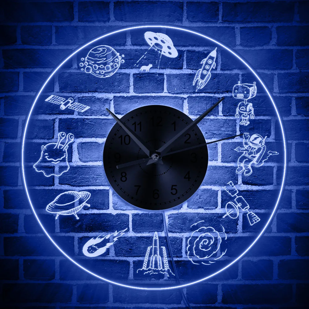 Space LED Lighted Wall Clock Nursery Kid Room Wall Art Astronaut Spaceman Rocket Alien UFO Educational Modern Clock Wall Watch