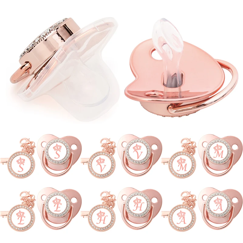 Name Initial Letters Luxury Rose Gold Crown Baby Pacifier With Clips Silicone Dummy Nipple Bling Newborn Pacifier Baby Gifts