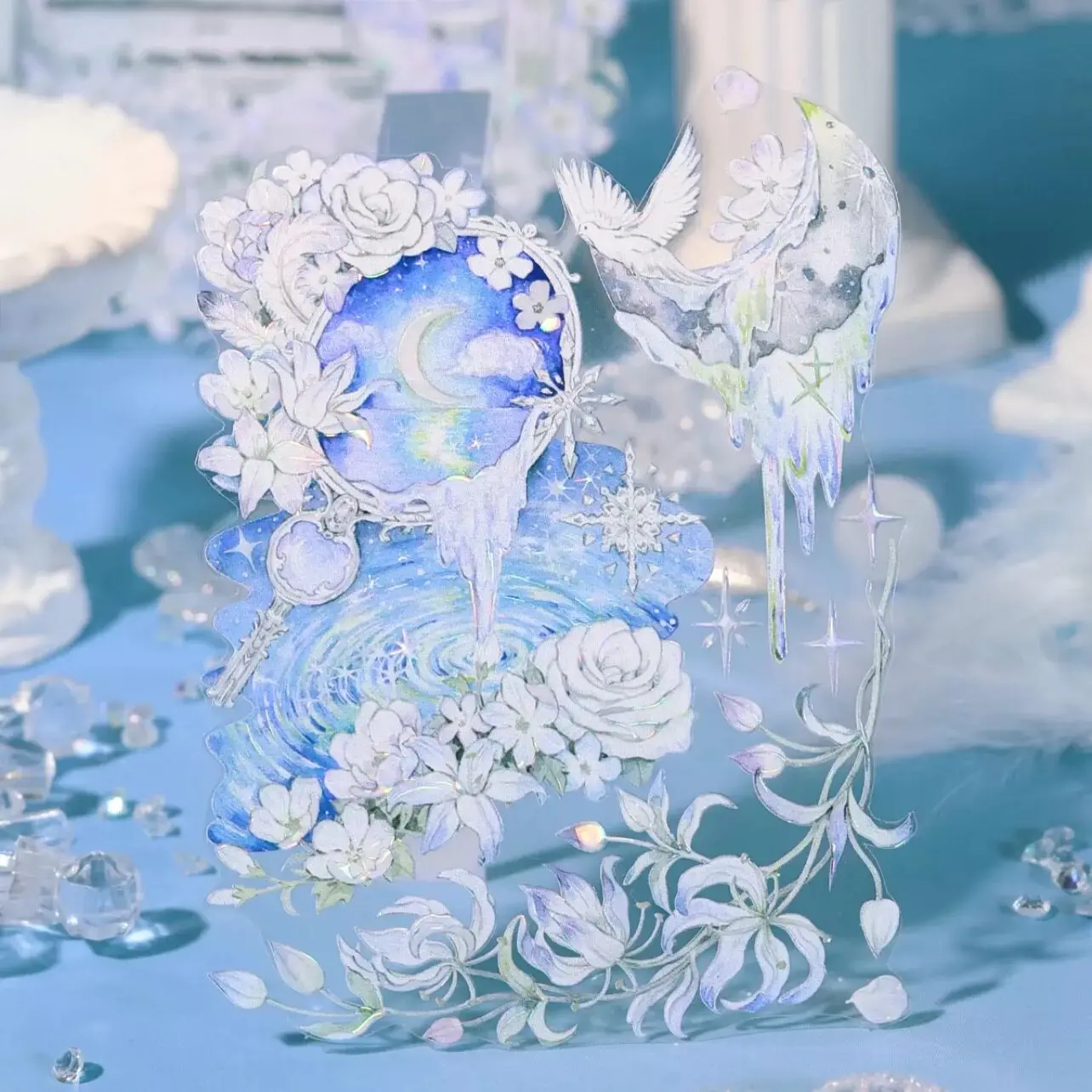 

3.25 Washi Pet Tape 1 Loop Bird Disease With Upside Down Sea Shiny Blue White Castle Ocean Dove, Glacier Journaling Polco Decora