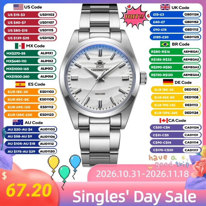 ADDIESDIVE Business Women's Quartz Watch Bubble Mirror Glass 10Bar Waterproof Watches 316L Stainless Steel Elegant Wristwatches