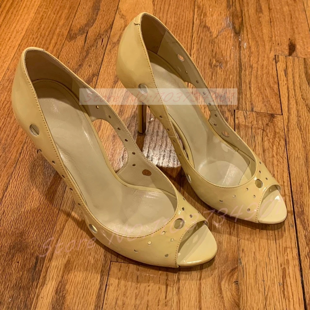 Yellow Ivory Peep Toe Cut-Out Pumps Women Round Toe Slip On Circle Hollow High Heels Shoes Fashion Night Stiletto Pumps