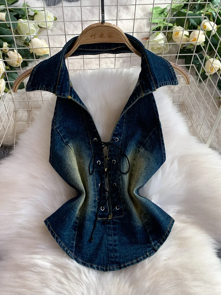 

Sexy American Girl ort Strapl V-ne Denim Top And High-waisted Slimming Flared Pants Two-piece Set for Young Women