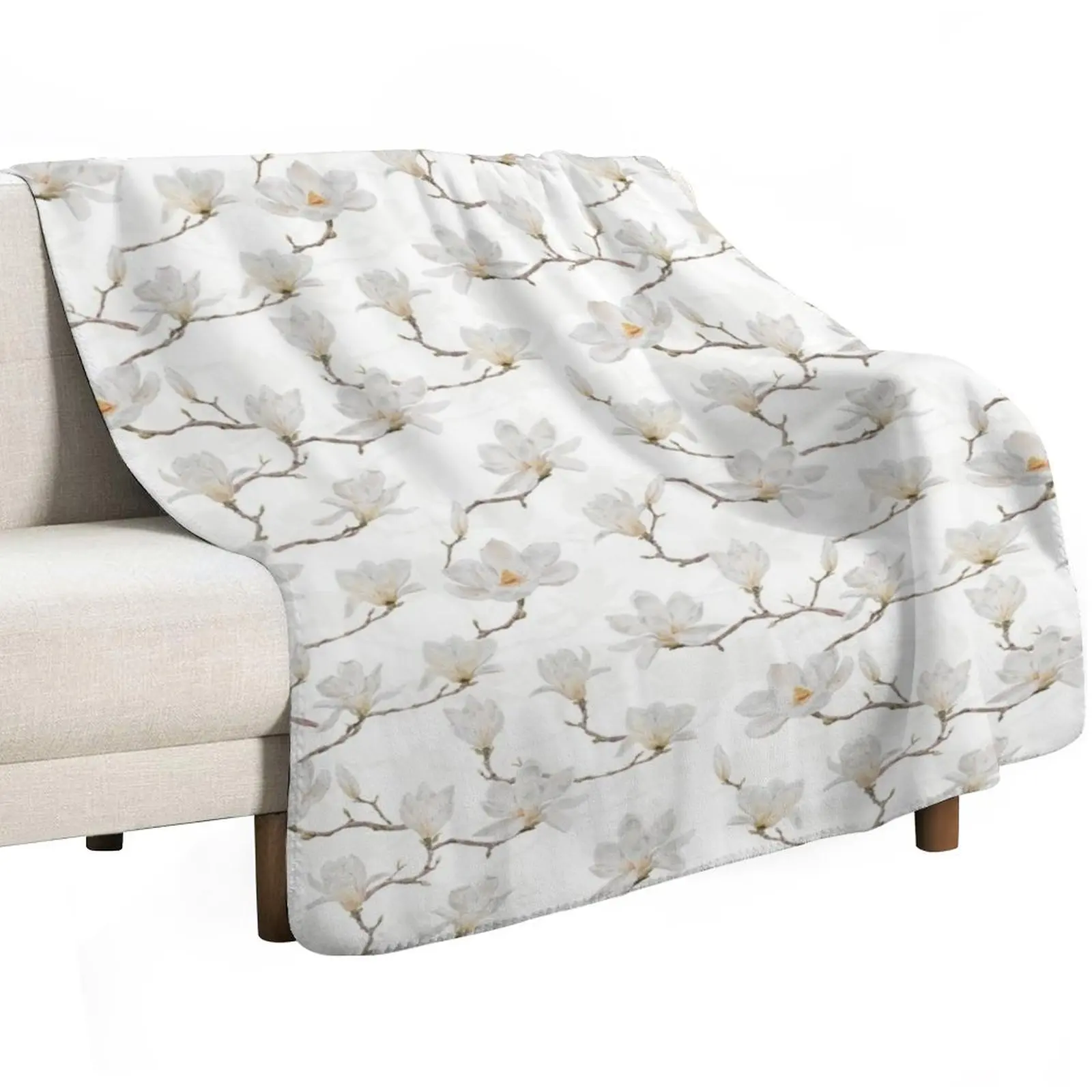 Delicate White Magnolia Branches on Ivory Throw Blanket Durable Warm Blanket for Daily Home Use