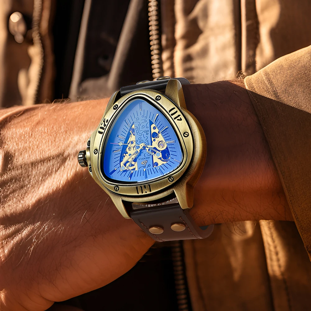 ساعة ميكانيكية رجالية مثلثة أنيقة جديدة كاجوال من البرونز ساعة ميكانيكية أوتوماتيكية كلاسيكية