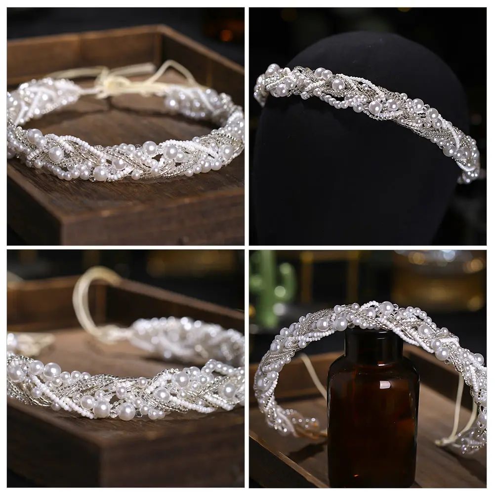 

Pearl Headb Crystal Hair Crown White Bride Bridesmaid Wedding Accessories Elegant Hairstyle Decor Pearl Crown Dress Hair